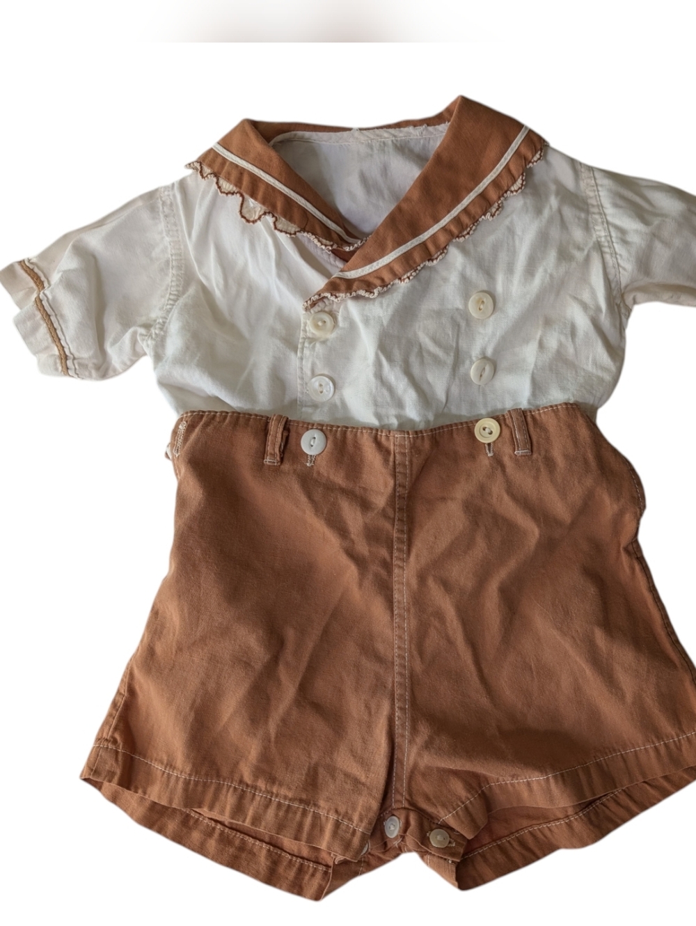 60s Vintage 2 Piece Shorts Set Romper Suit Tan White Neutral